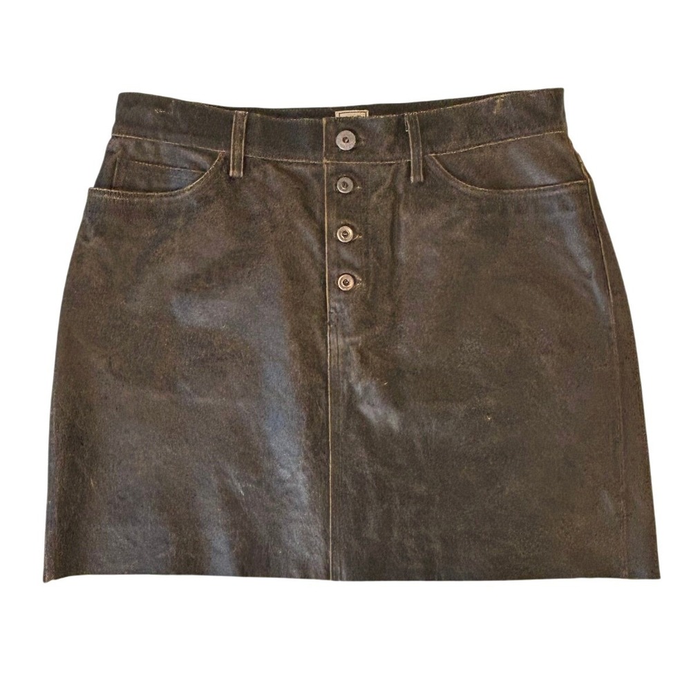 Vintage Y2K Gap Genuine Leather Mini Skirt Brown Distressed Button Fly Size 8‎